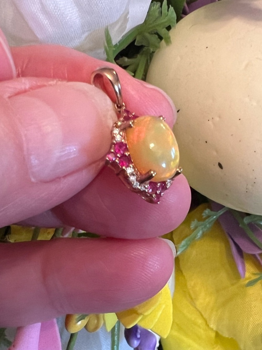 10k Solid Rose Gold Ethiopian Opal with Genuine Diamond and Ruby Halo Pendant - Picture 5 of 16
